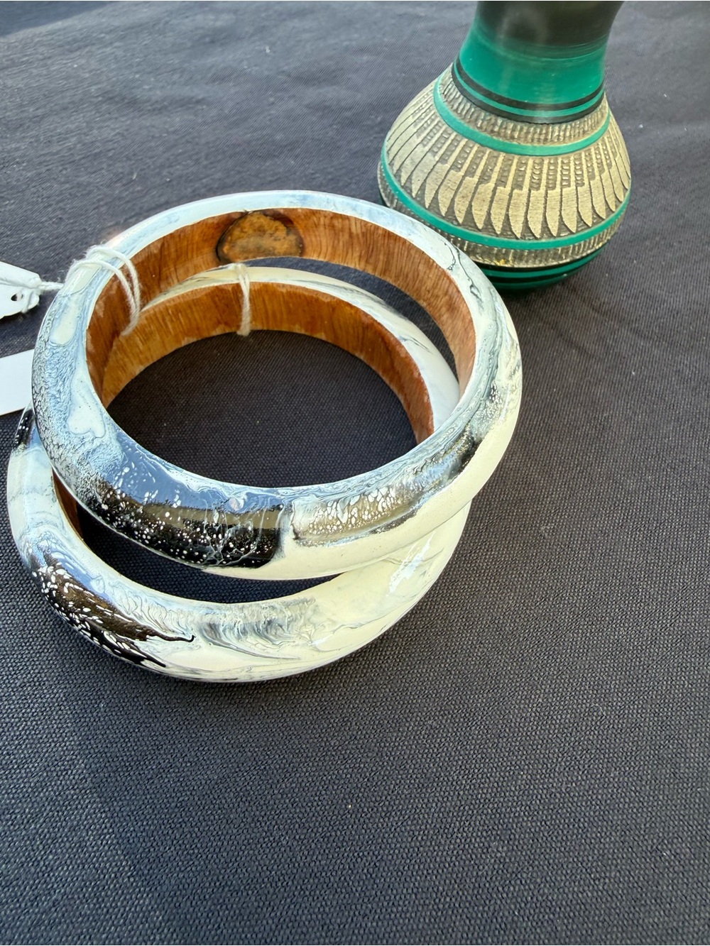 Vintage set of Marbel look Wooden Bangle Bracelets in Black & White